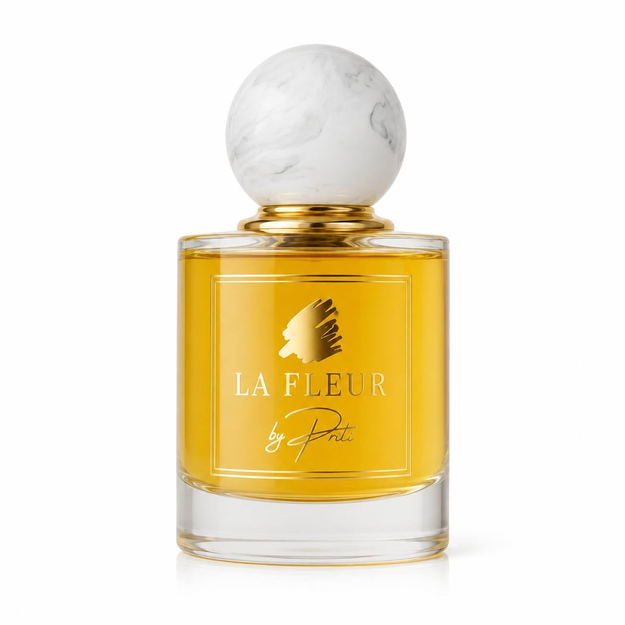 A bottle of La Fleur by Priti Alchemist oil with its round marble cap and gold La Fleur label